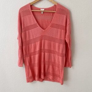 ⭐️SALE⭐️ Chicos 1 or Medium Coral Pink Open Knit Lightweight 3/4 Sleeve Sweater